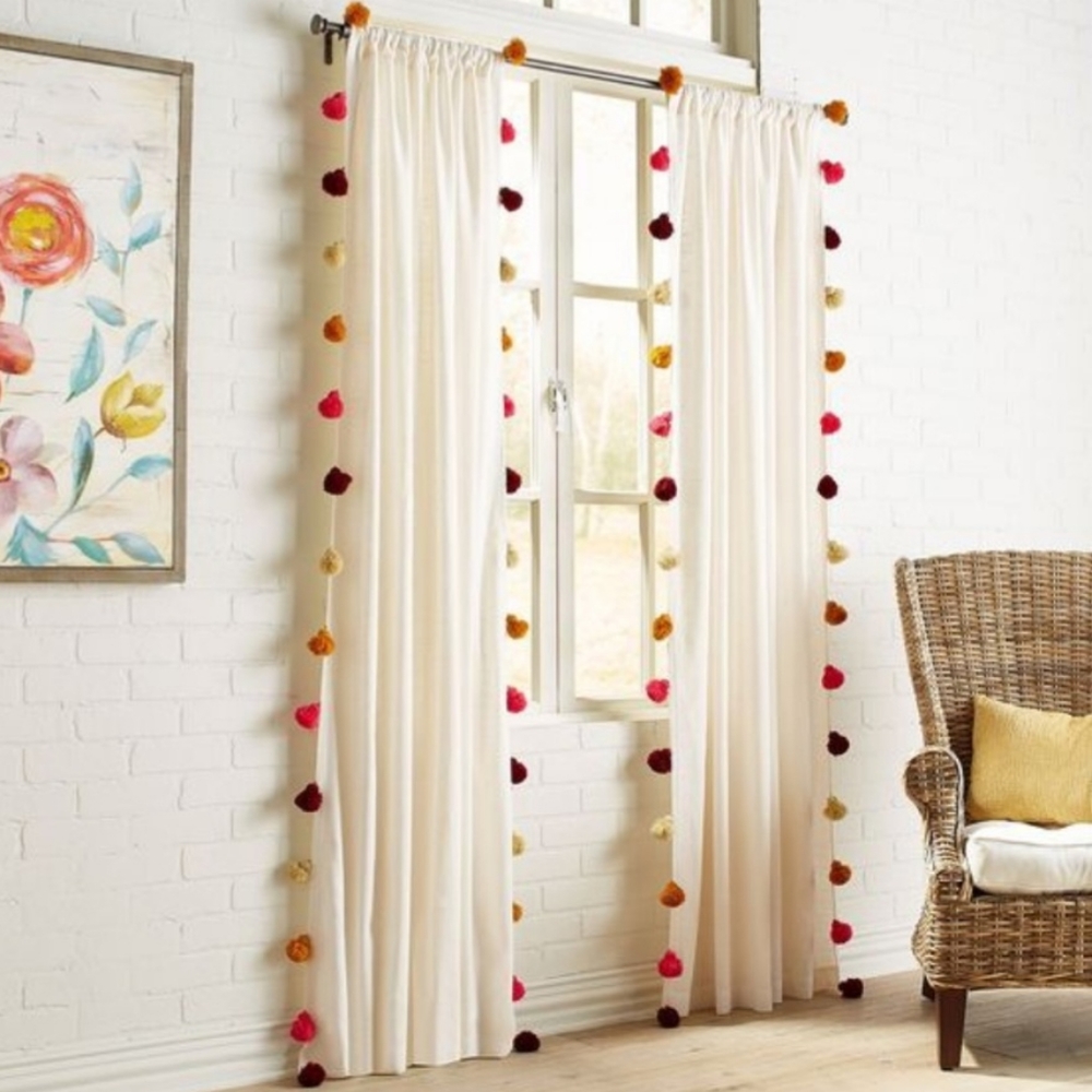 Pier 1 Imports Off White Cream Pom Tasseled Curtain Pink Gold Maroon 48"×84"